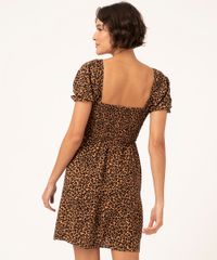 Vestido Curto Manga Bufante Animal Print De Viscose Com Lastex Ocre