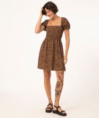 Vestido Curto Manga Bufante Animal Print De Viscose Com Lastex Ocre