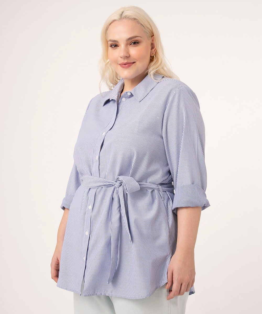 chemise plus size listrada manga longa off white