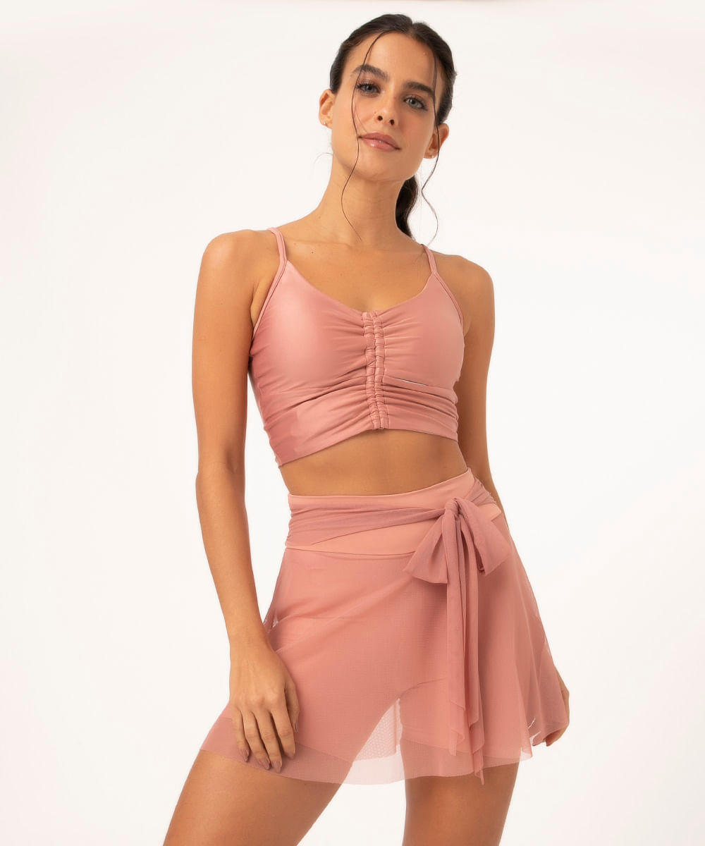 short saia evasê de tule com amarração rosa