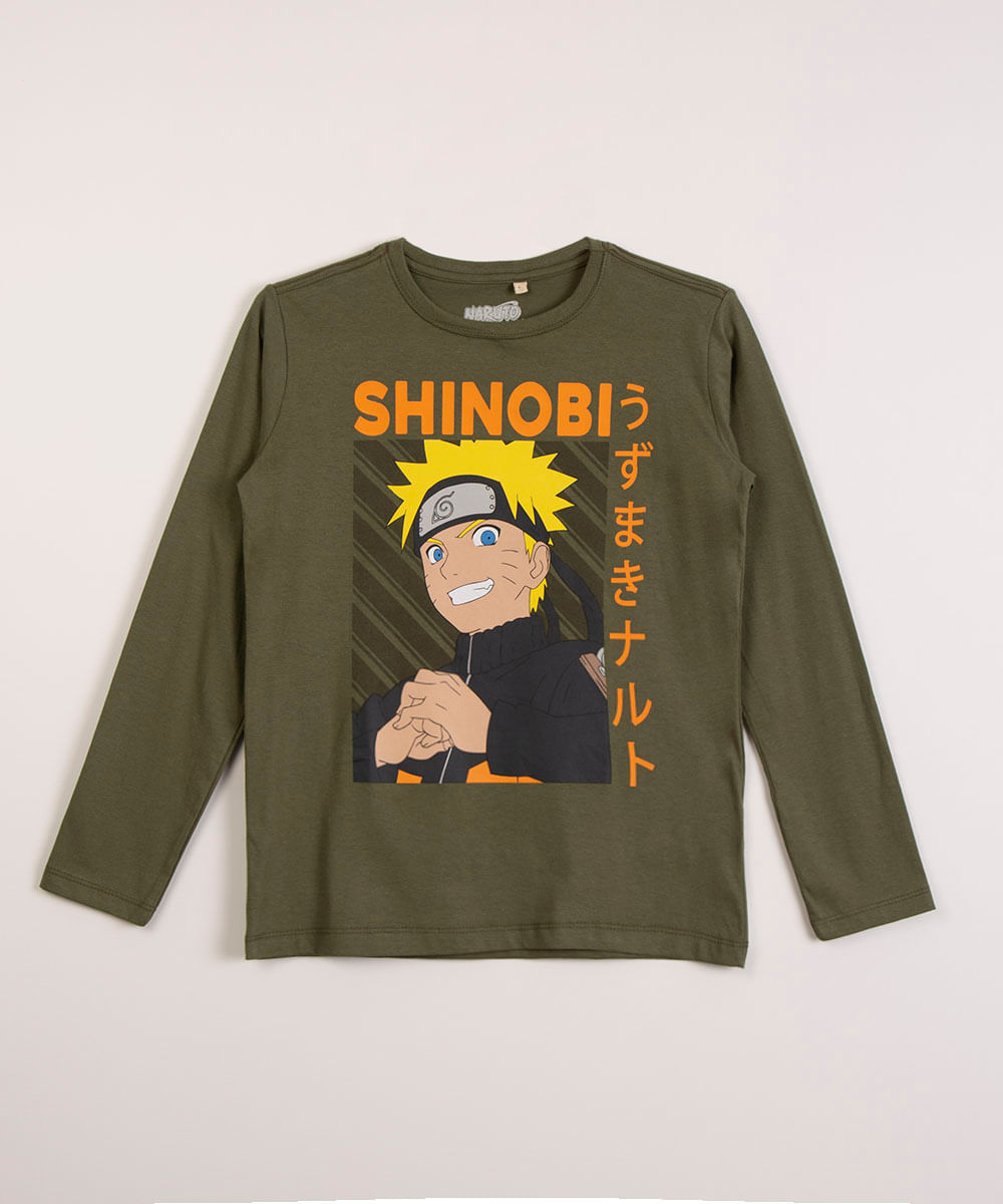 camiseta infantil manga longa naruto verde militar