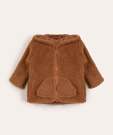 Jaqueta Infantil De Pelo Com Capuz E Orelhinhas Marrom Festa Junina Jaqueta Infantil De Pelo Com Capuz E Orelhinhas Marrom Festa Junina