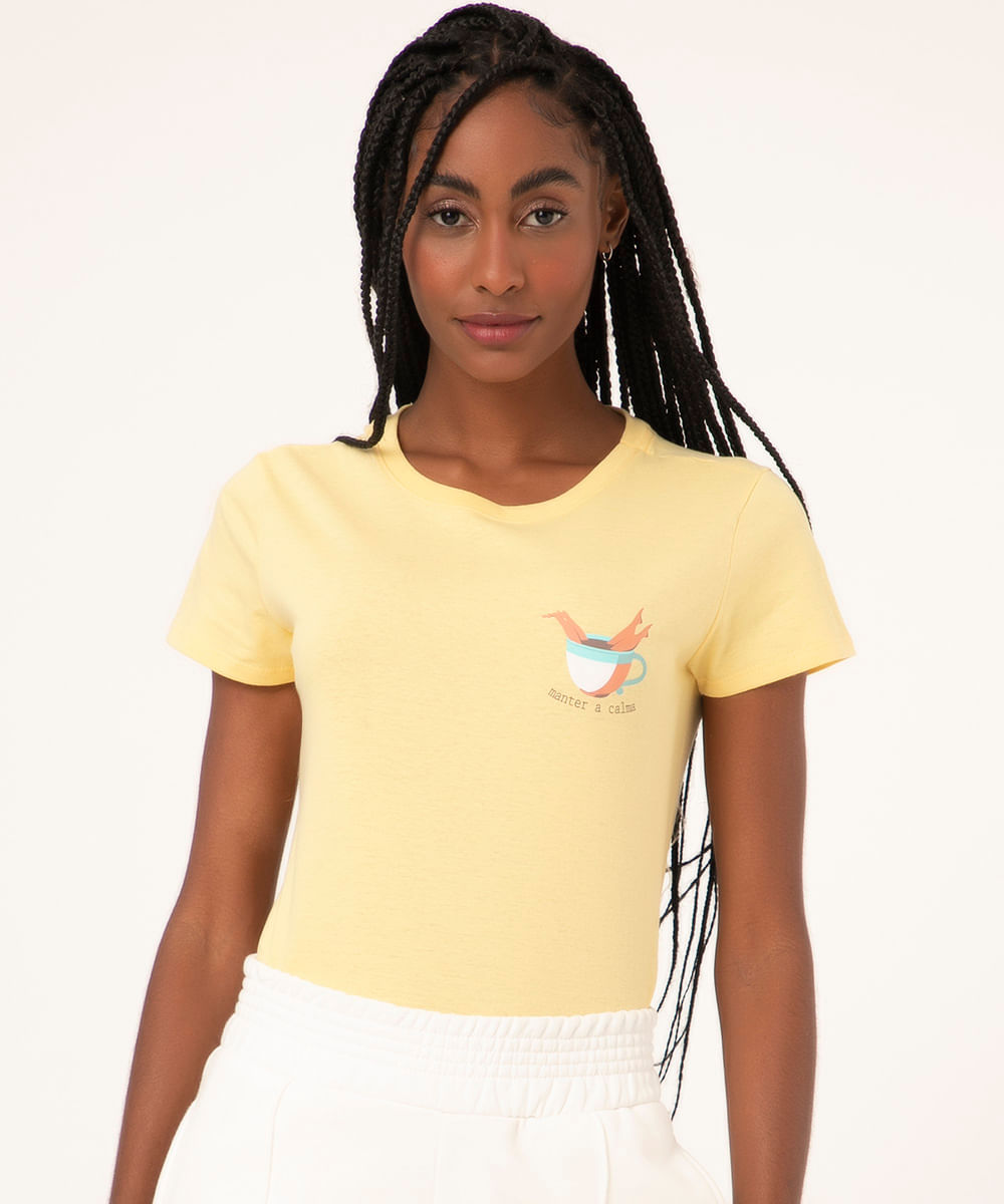 camiseta baby look manter a calma amarelo