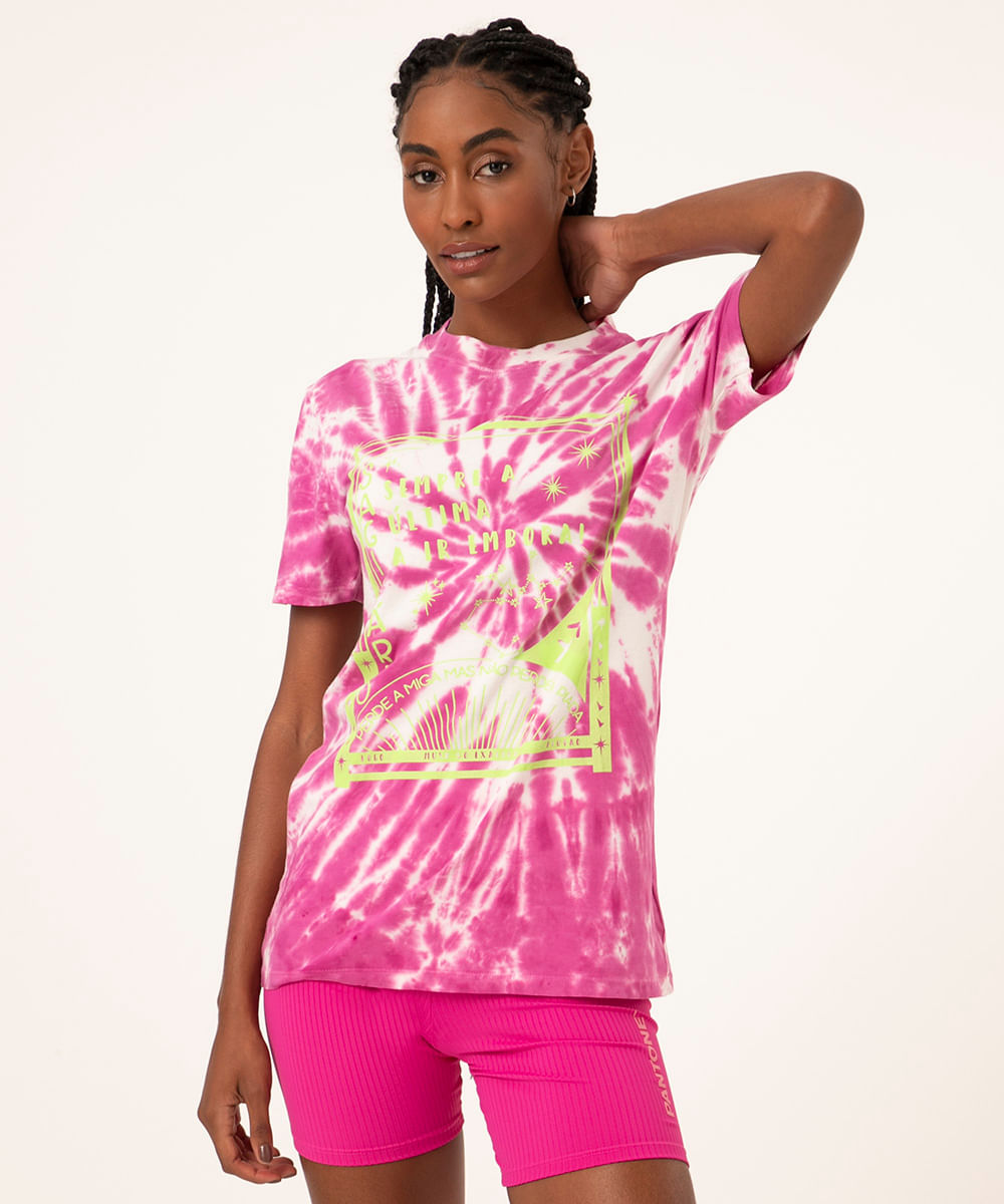 Blusa Feminina Signo Sagitário Estampada Tie Dye Manga Curta Decote Redondo Pink