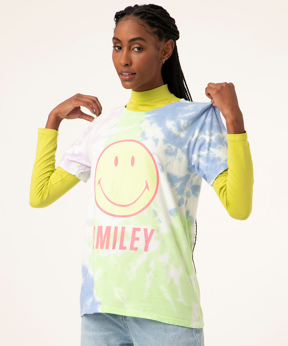 Camiseta Tal Mãe Tal Filha Estampada Tie Dye SmileyWorld Manga Curta Decote Redondo Multicor