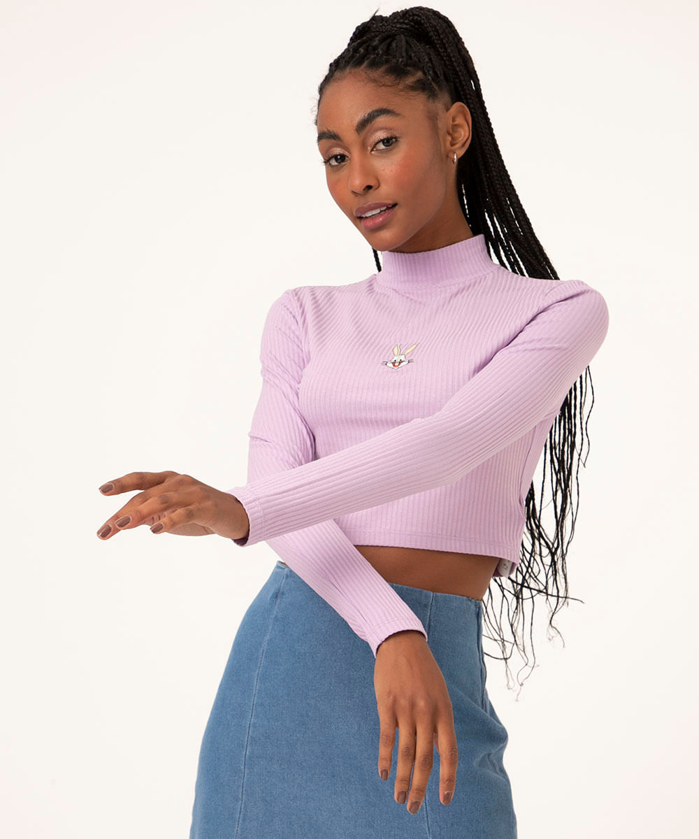 blusa cropped manga longa pernalonga lilás