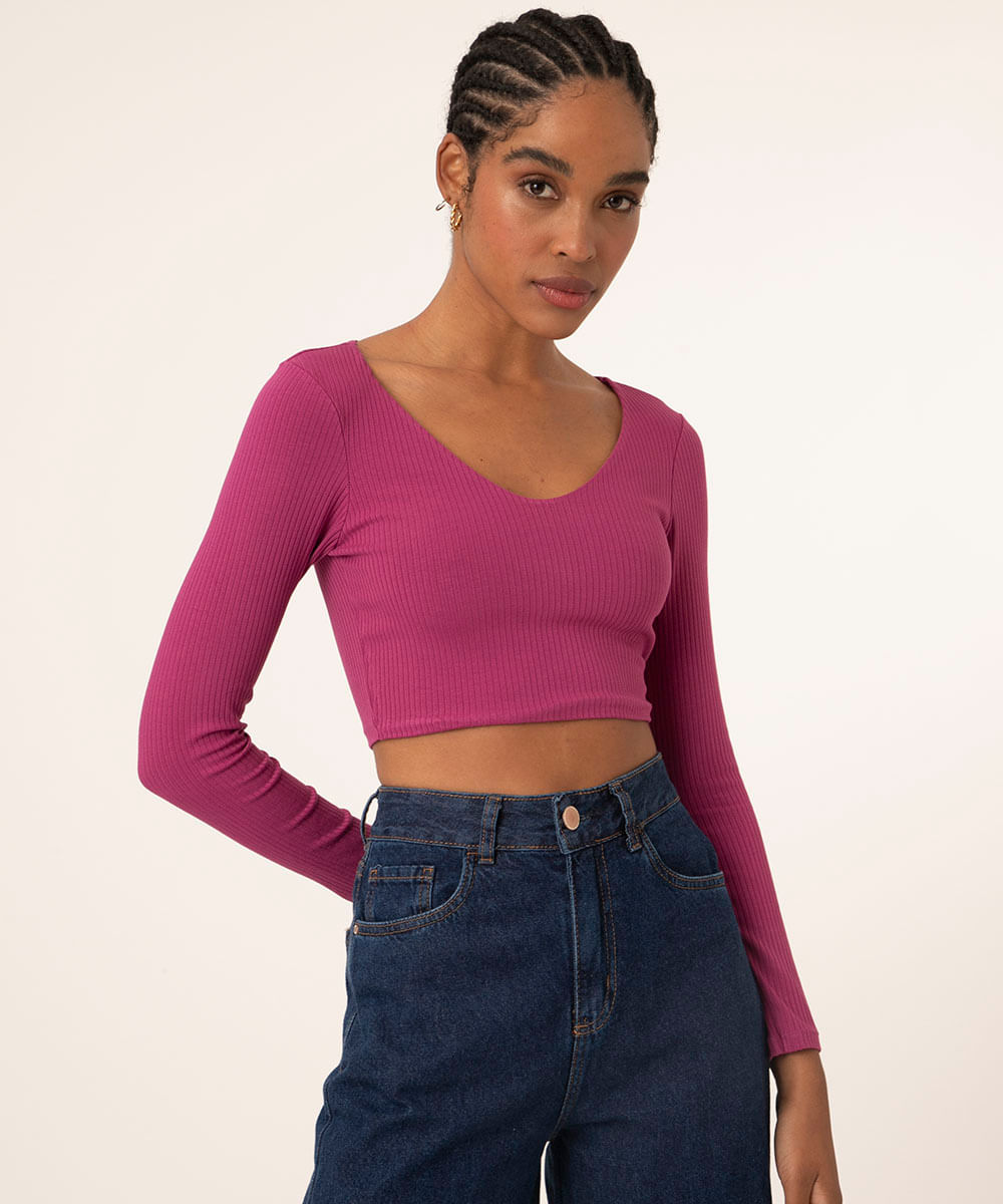 blusa cropped canelada manga longa roxa