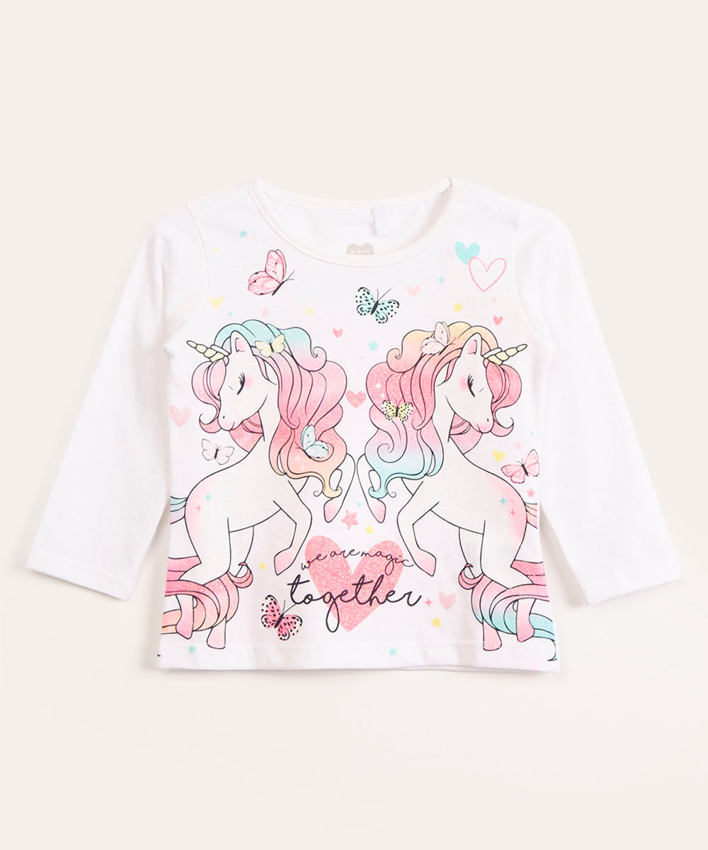 blusa infantil manga longa unicórnio glitter branco