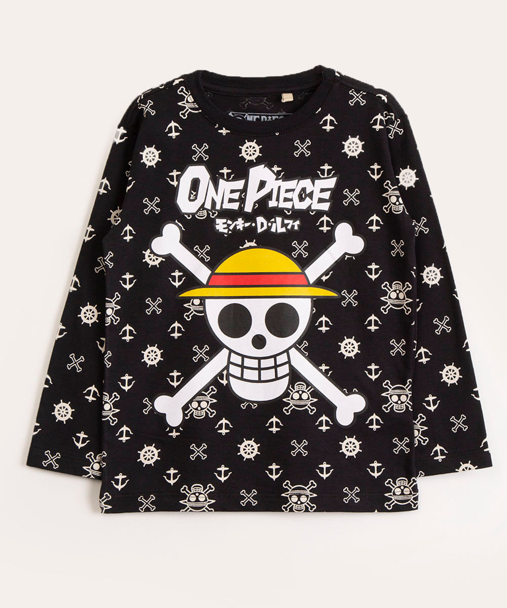 camiseta infantil manga longa one piece preta