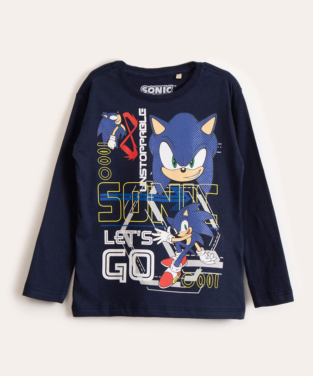 camiseta infantil de algodão sonic manga longa azul marinho