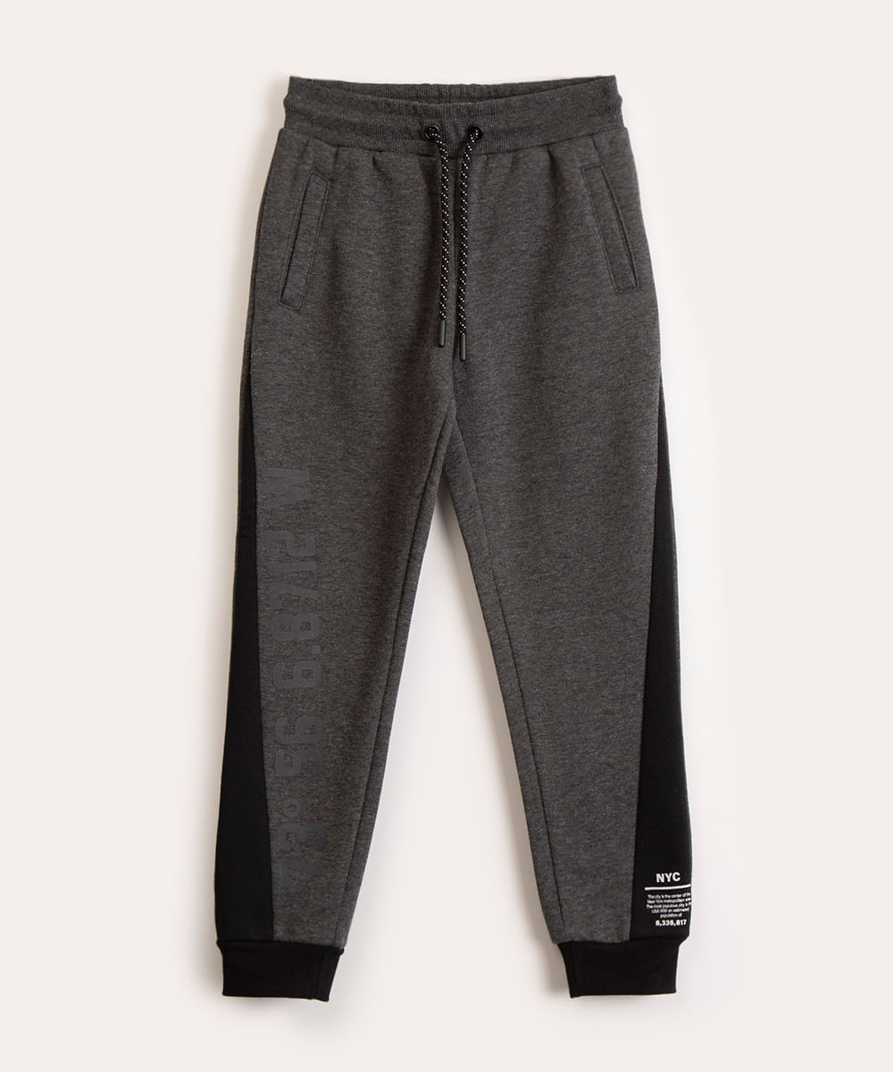 calça infantil jogger de moletom com recorte cinza mescla escuro