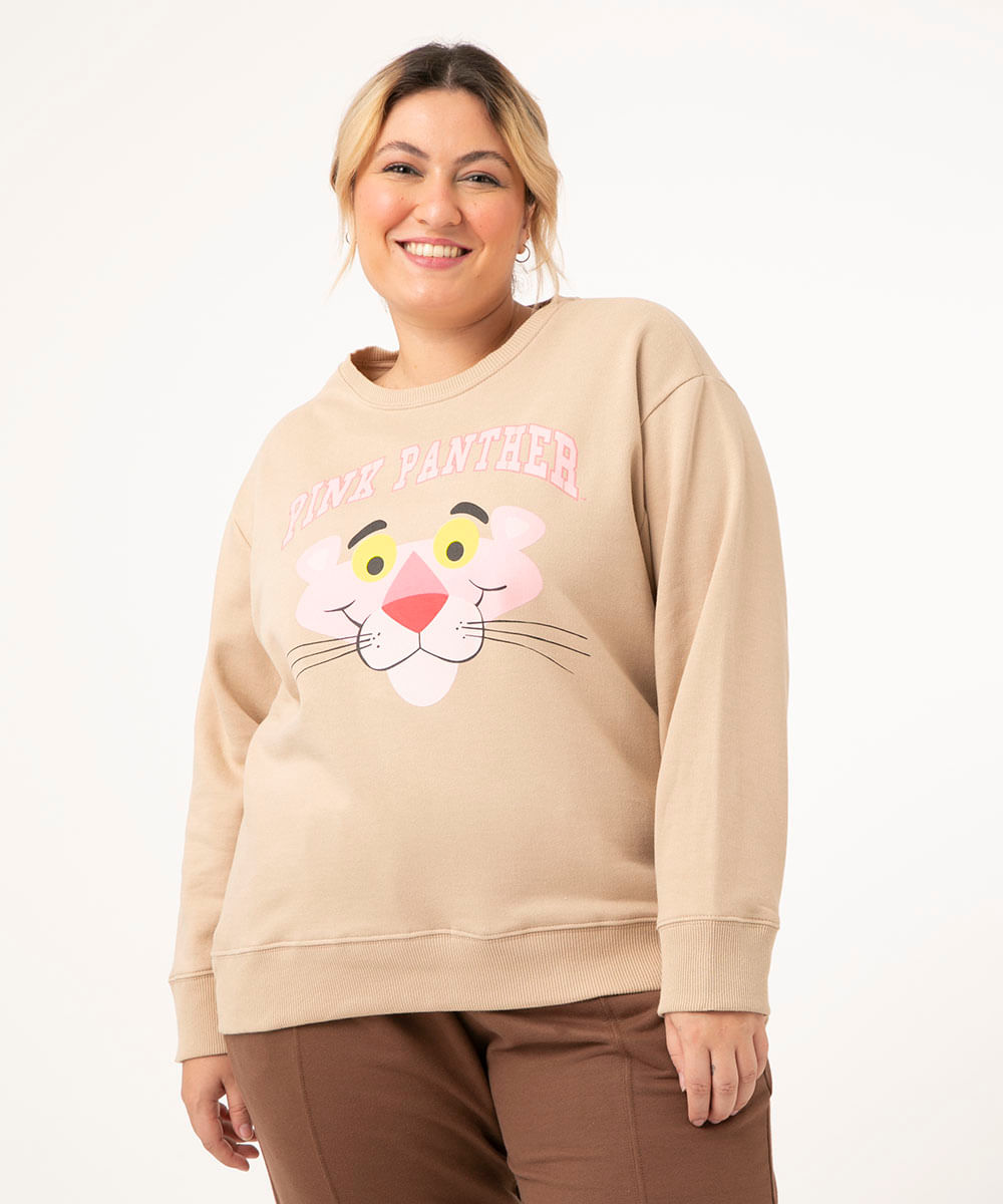 blusão de moletom plus size pantera cor de rosa kaki