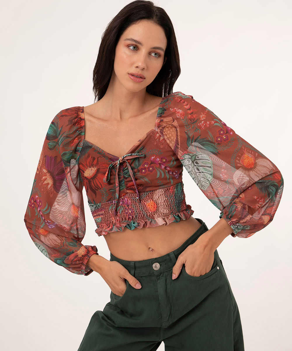 top de tule tropical manga bufante caramelo