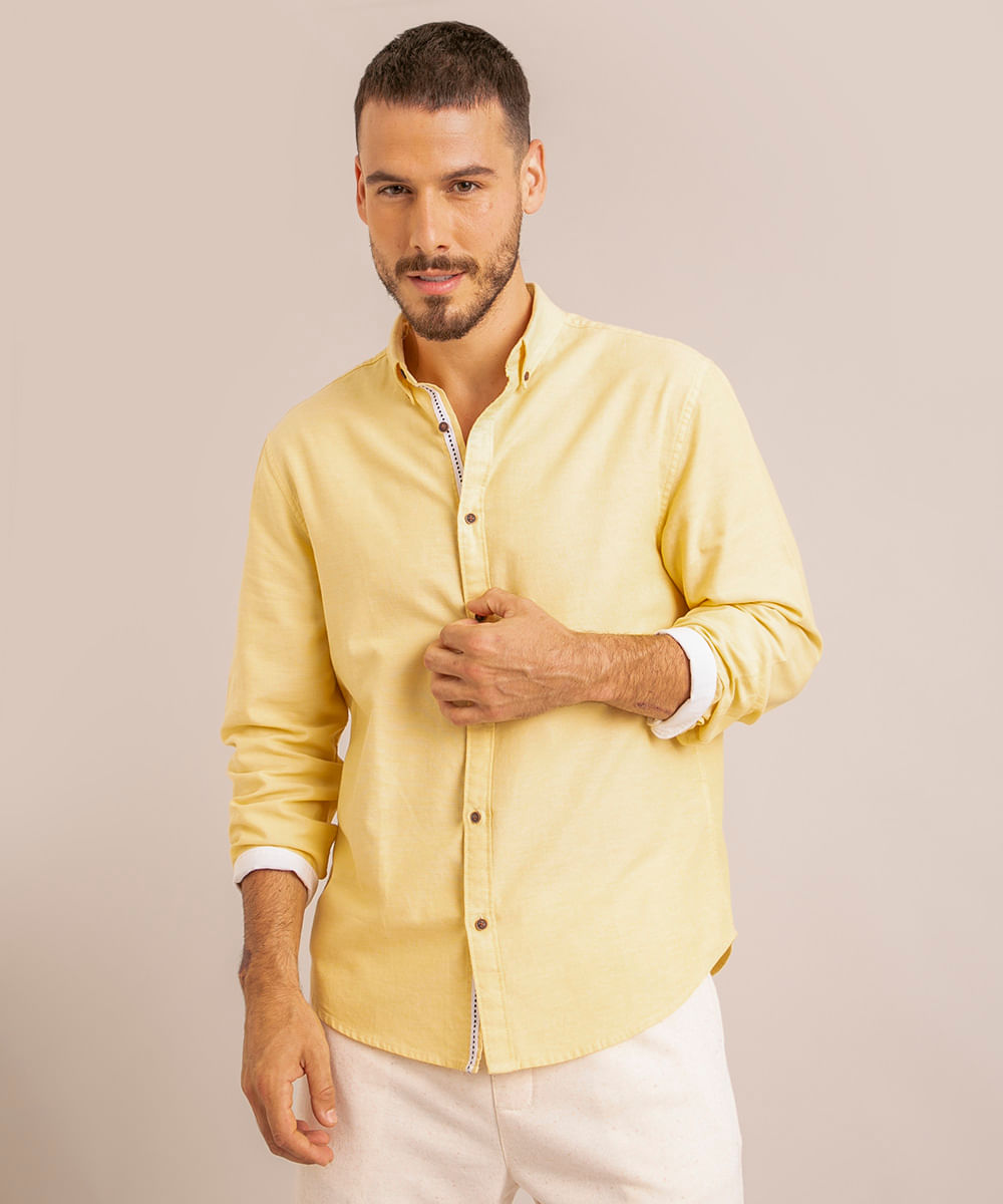 Camisa Masculina Comfort Manga Longa Amarela Claro