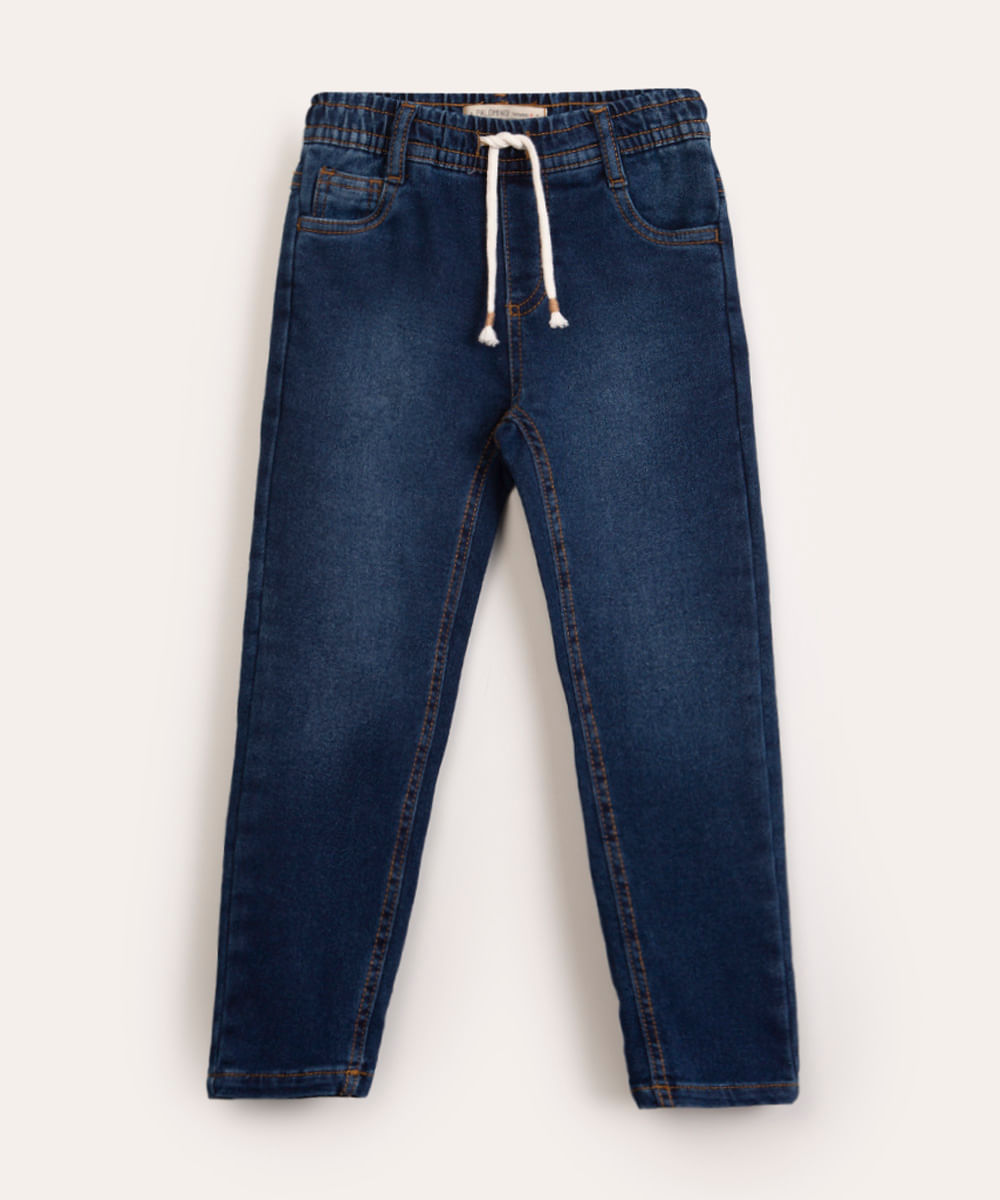 calça infantil jeans cós elástico azul escuro