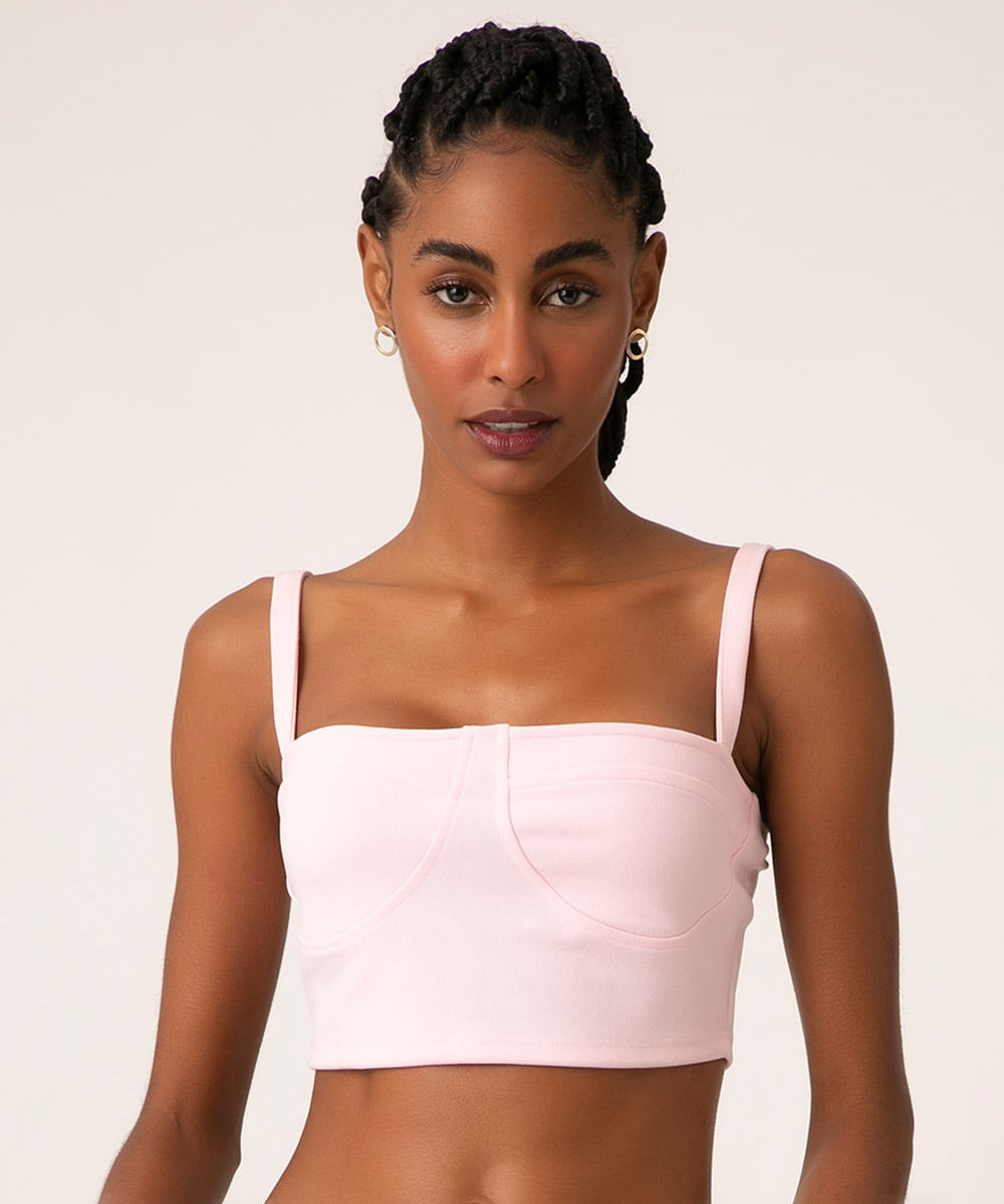 Top Cropped Feminino com Recorte Alça Média Decote Princesa Rosa Claro