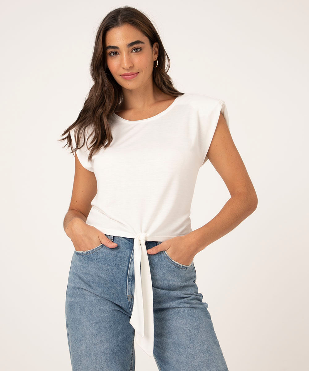 Regata Feminina Cropped Muscle Tee com Nó Decote Redondo Off White
