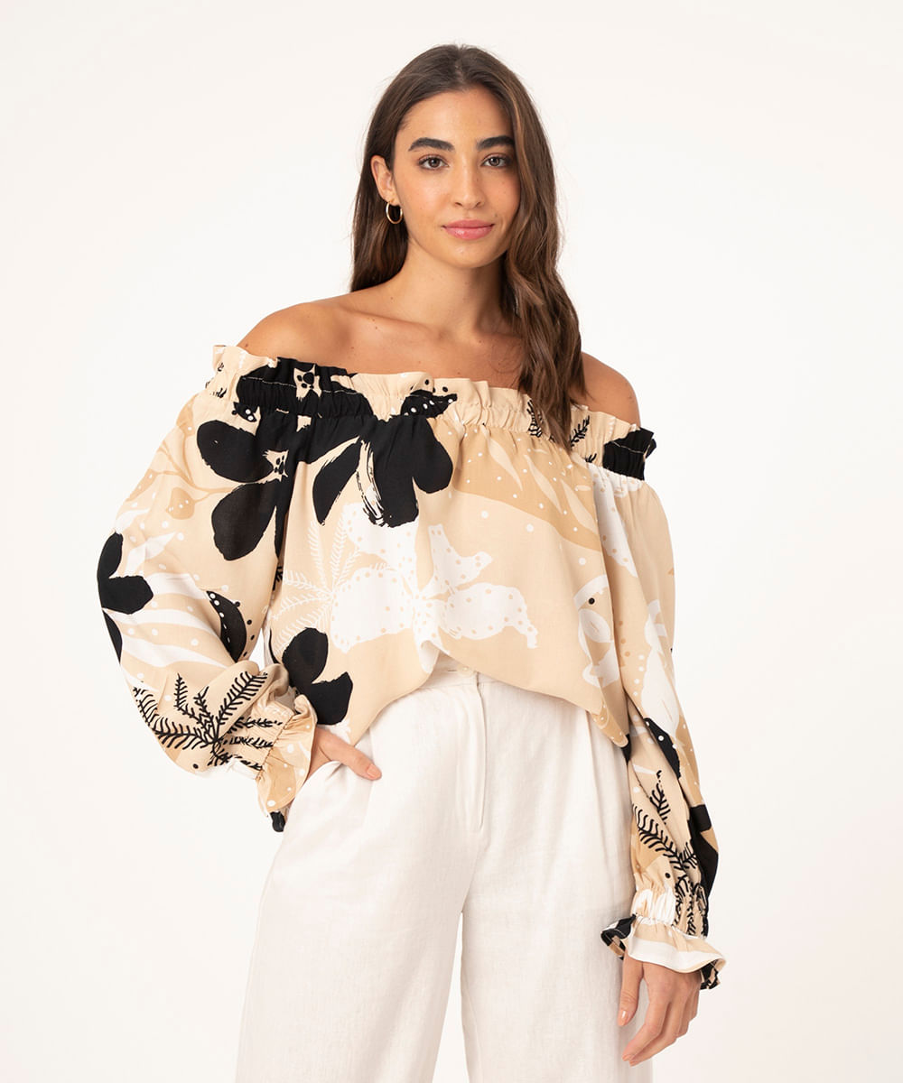 Blusa Ampla com Linho Estampada Floral Manga Longa Ombro a Ombro Bege