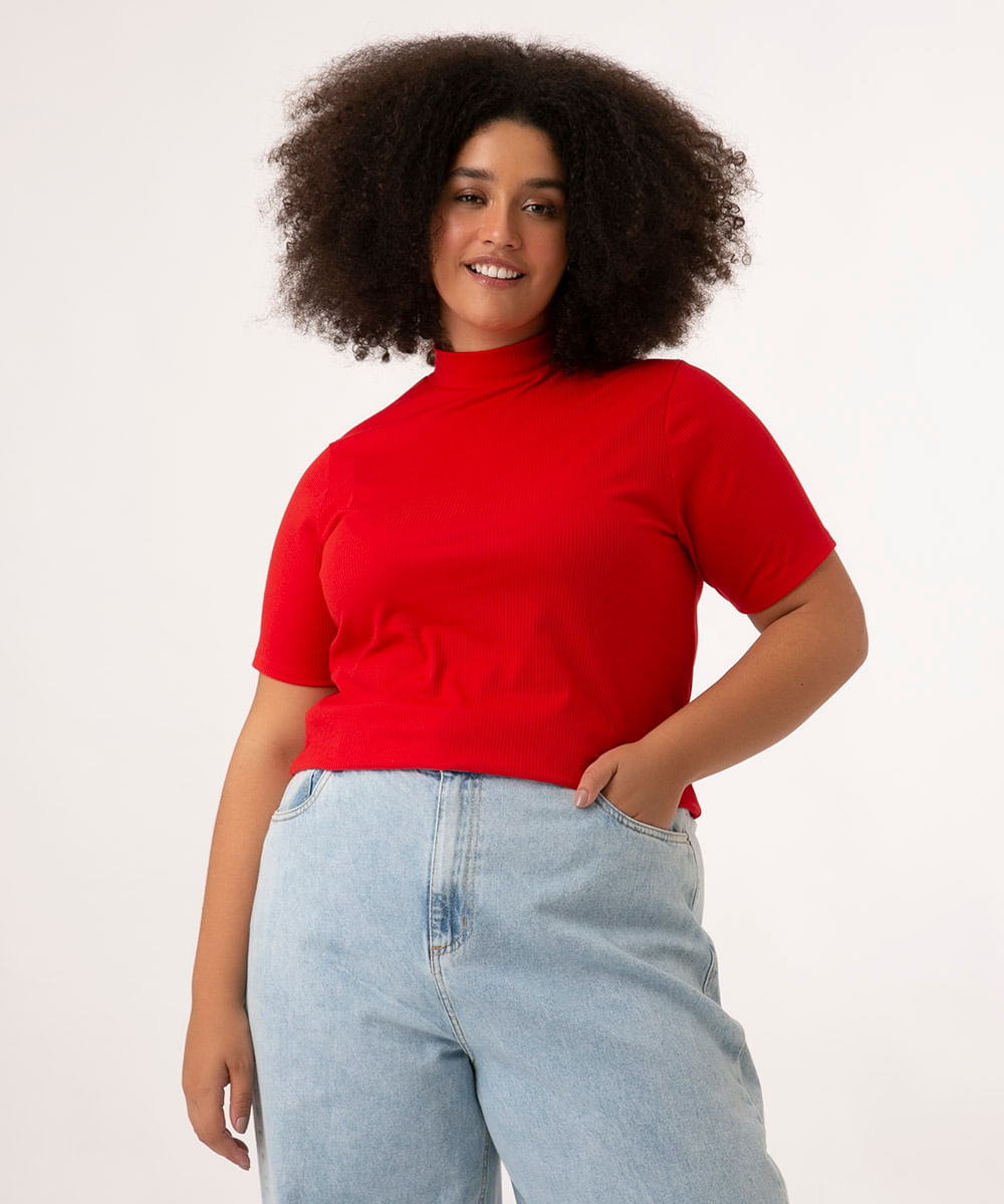 blusa plus size canelada manga curta gola alta vermelho