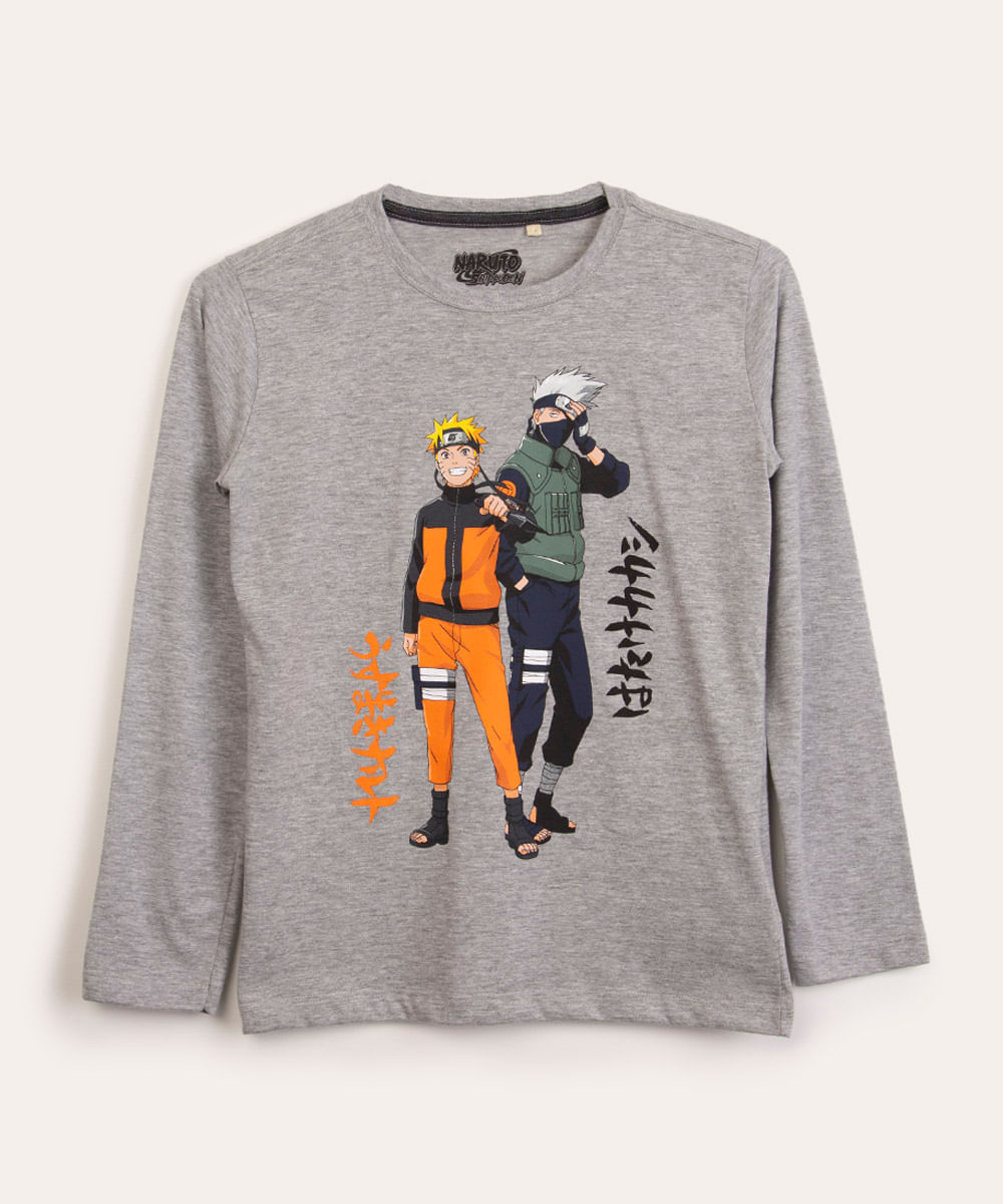 camiseta infantil manga curta naruto cinza mescla