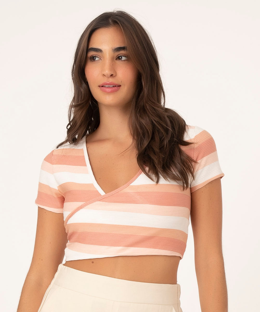 Blusa Cropped Transpassada Básica Listrada Manga Curta Decote V Multicor