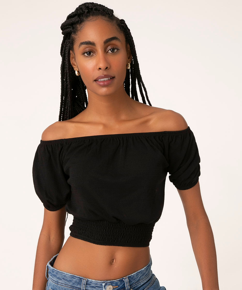 Blusa Feminina Ombro a Ombro Cropped Manga Bufante com Lastex Preta