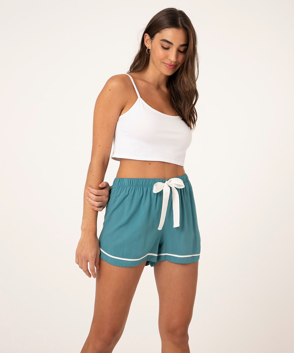 Short de Pijama em Viscose com Laço e Vivo Contrastante Verde