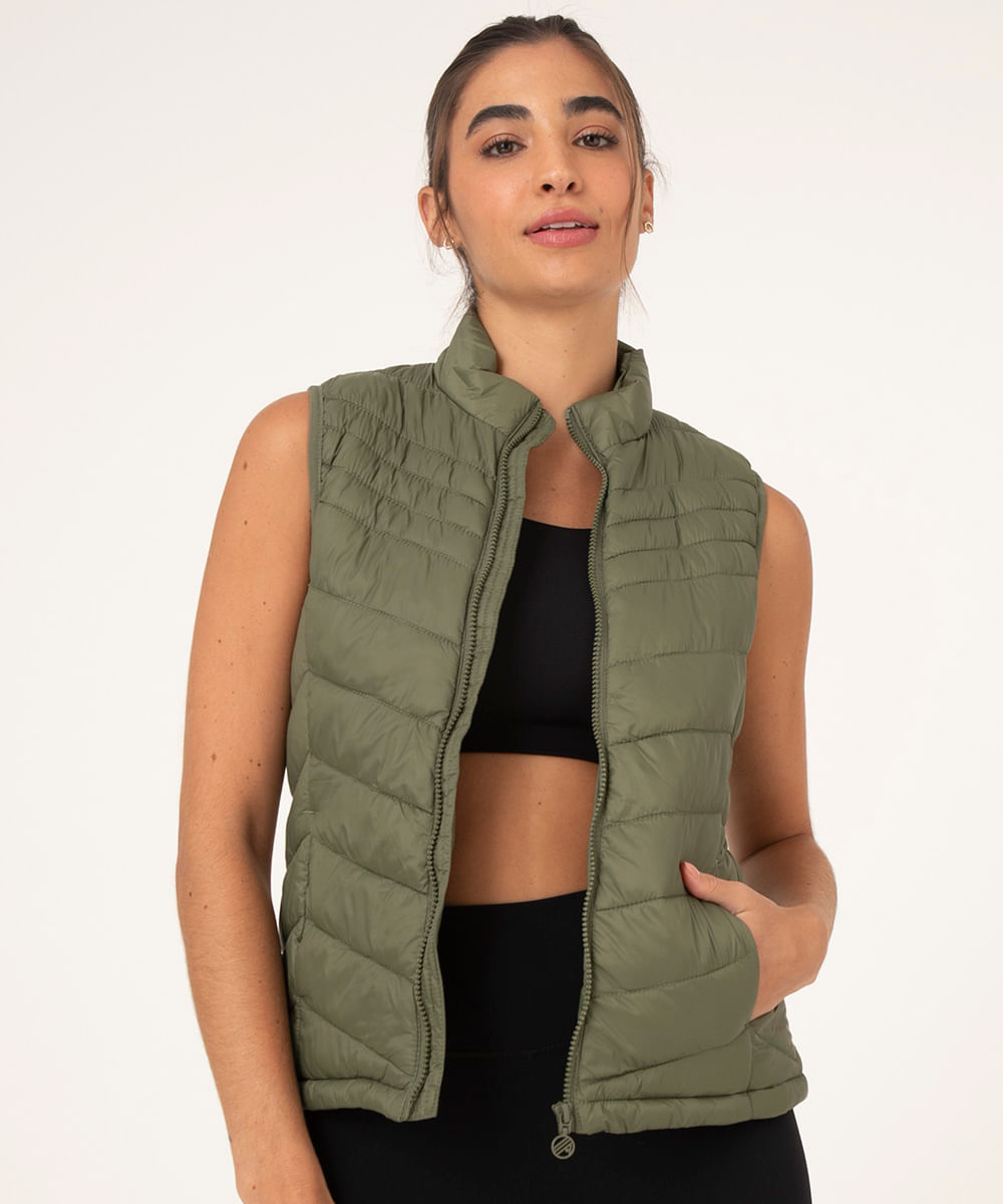 colete puffer de poliamida com bolsos ace verde militar