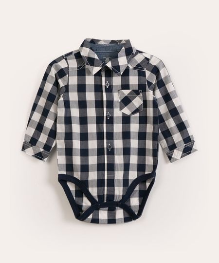 Body Camisa Manga Longa Xadrez de Festa Junina Infantil Azul Marinho Body Camisa Manga Longa Xadrez de Festa Junina Infantil Azul Marinho