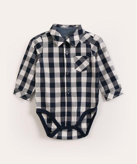 Body Camisa Manga Longa Xadrez de Festa Junina Infantil Azul Marinho