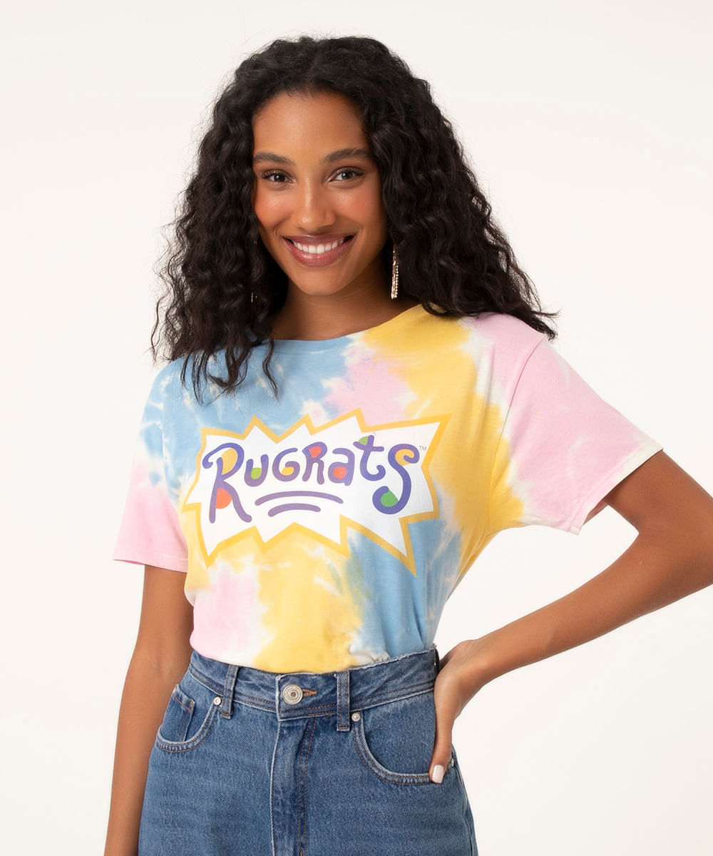 Blusa Feminina Ampla Estampada Tie Dye " Rugrats" Manga Curta Decote Redondo Multicor