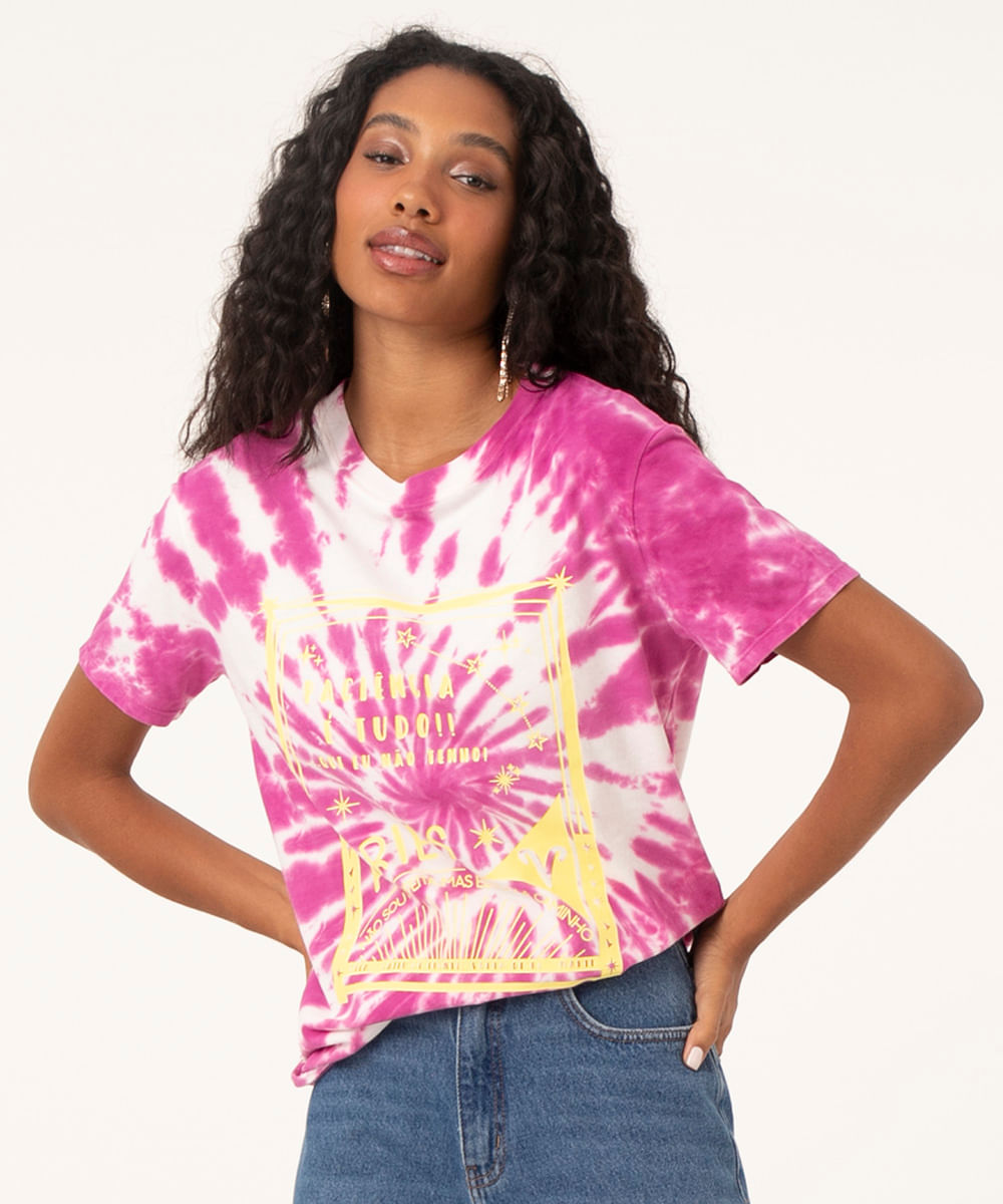 Blusa Feminina Signo Áries Estampada Tie Dye Manga Curta Decote Redondo Pink