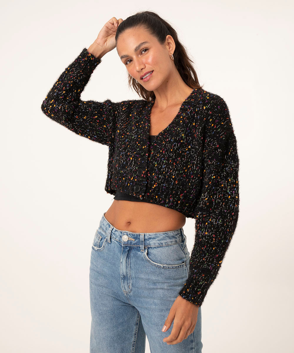 cardigan cropped com bolinhas coloridas de chenille preto