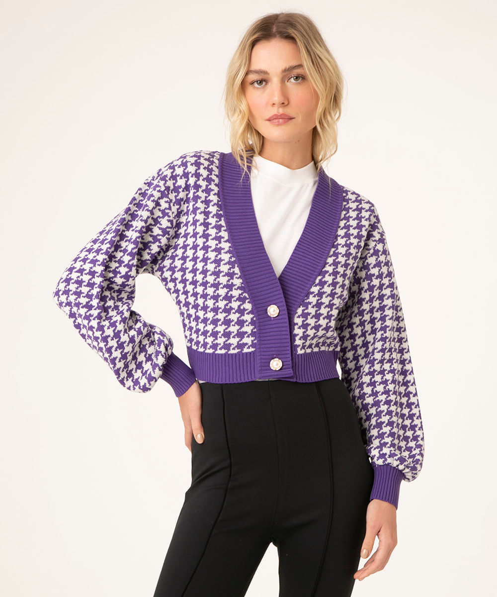 cardigan de tricô piet de pule manga bufante roxo claro