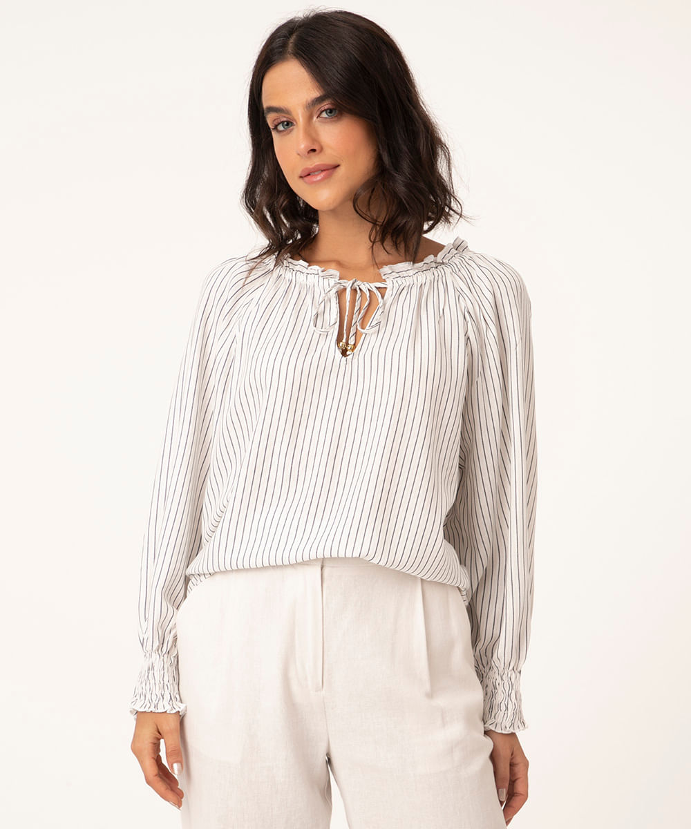 Blusa Ampla Listrada Decote Redondo Manga Longa Off White