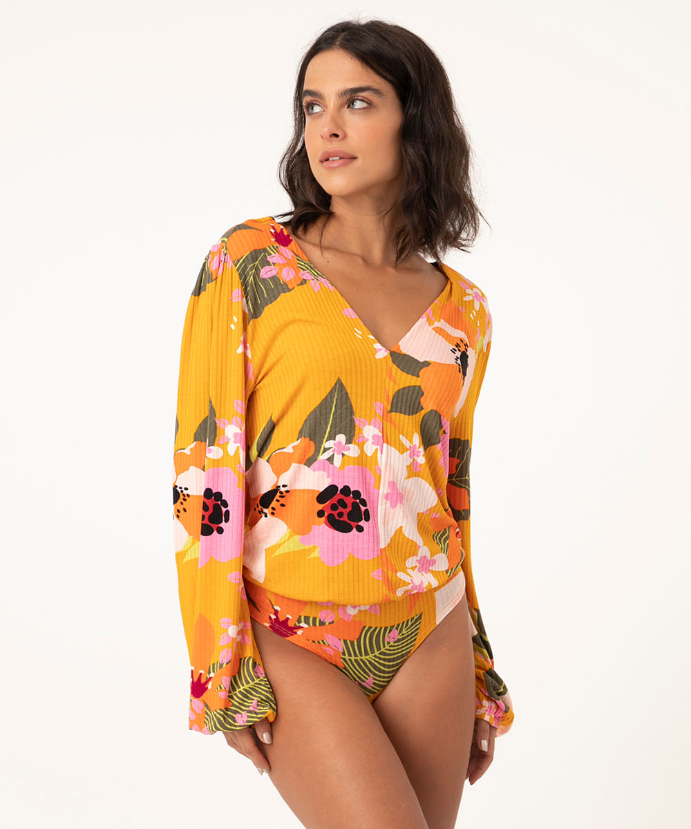 Body Estampado Floral Manga Bufante Decote V Mostarda