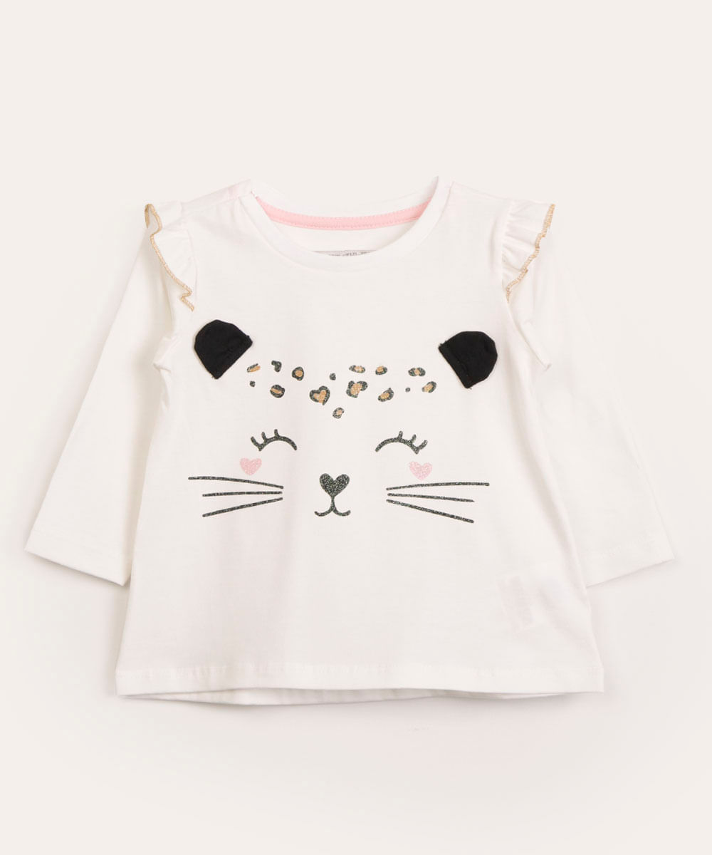 blusa infantil manga longa oncinha com orelinhas off white