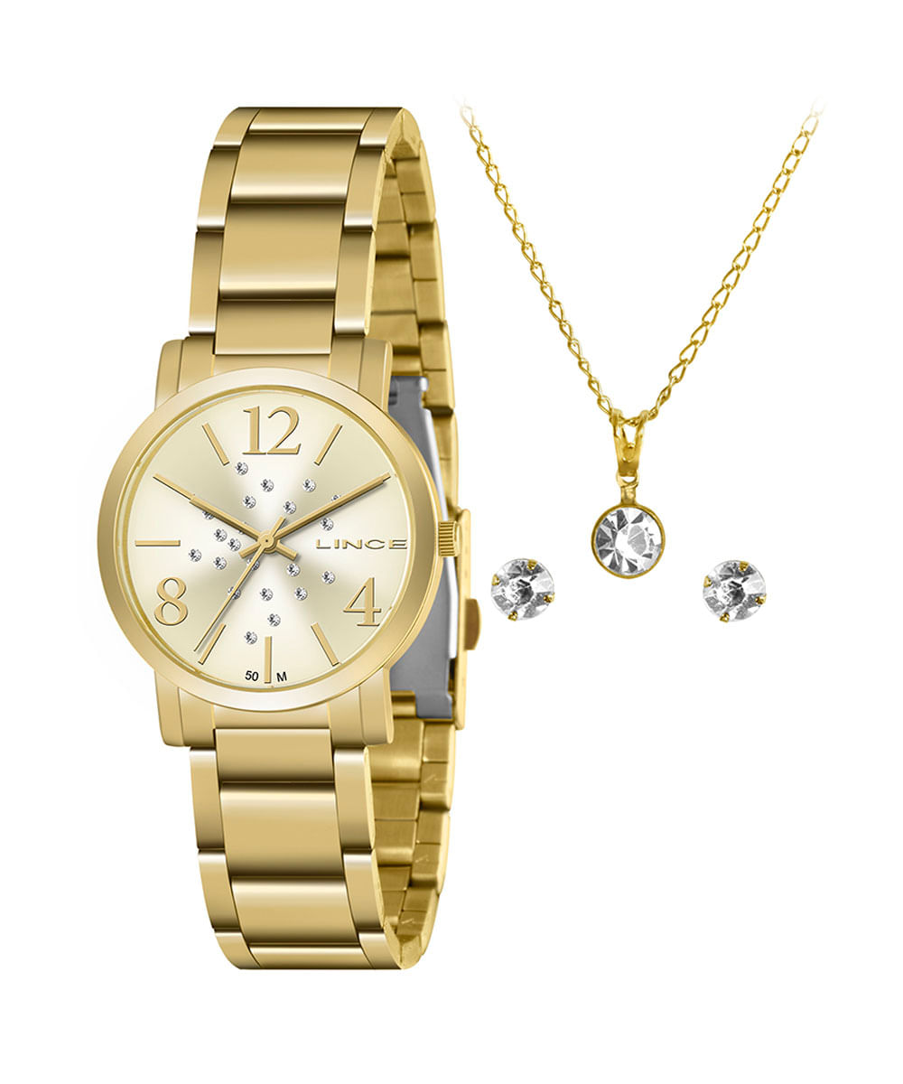 Kit de Relógio Feminino Dourado Lince Analógico + colar e brinco dourado