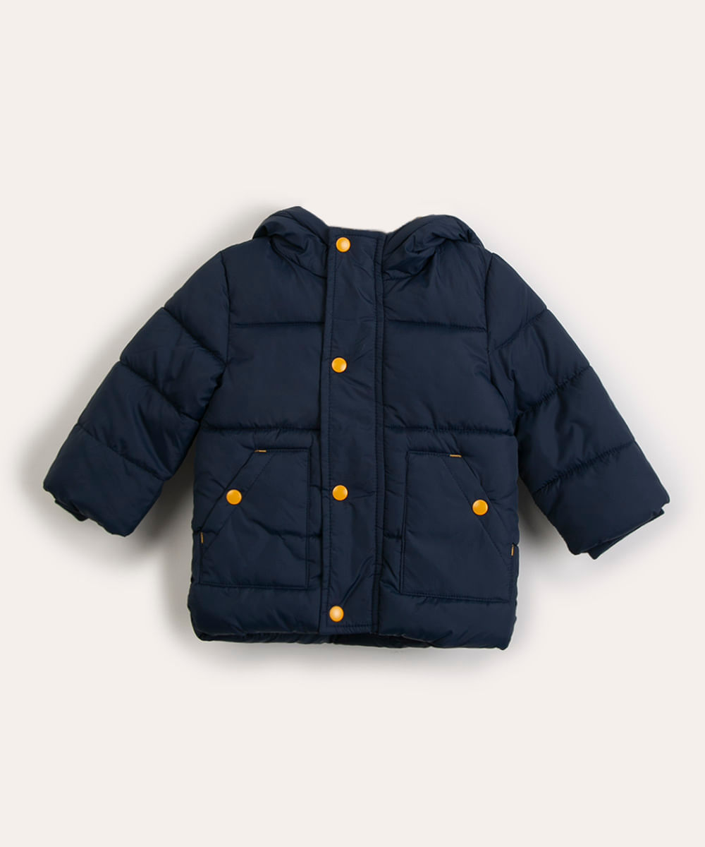 jaqueta infantil puffer de nylon com capuz azul marinho