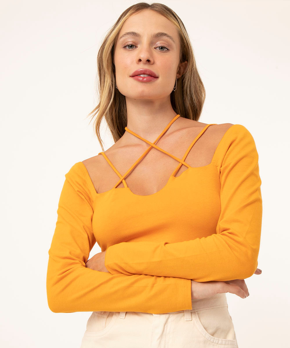 blusa cropped manga longa com tiras laranja