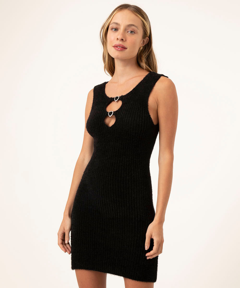 vestido curto de tricô pelinho cut out alça larga preto