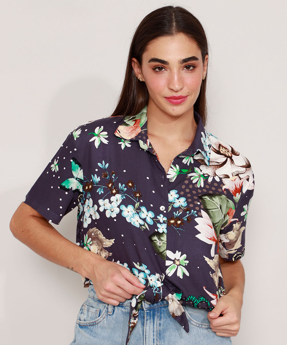 Camisa Cropped de Viscose Estampada Floral com Nó Manga Curta Azul Marinho