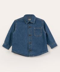 Camisa Jeans Manga Longa Infantil com Bolso Azul Médio