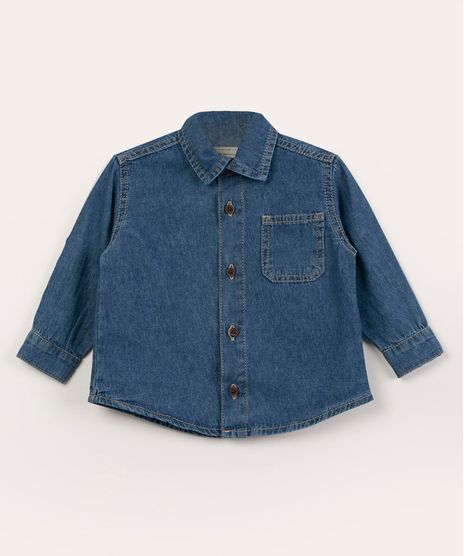 Camisa Jeans Manga Longa Infantil com Bolso Azul Médio