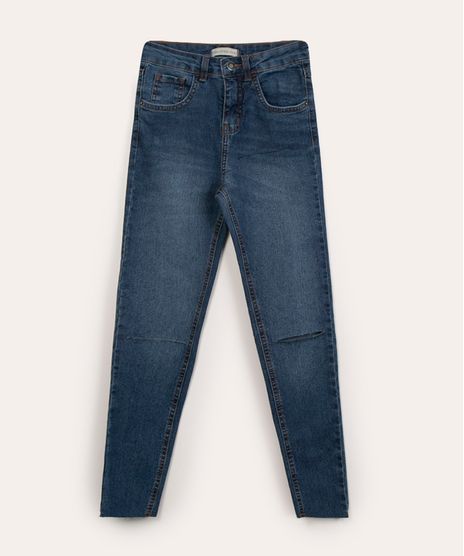 Calça Skinny Jeans Teen com Rasgos Azul Médio