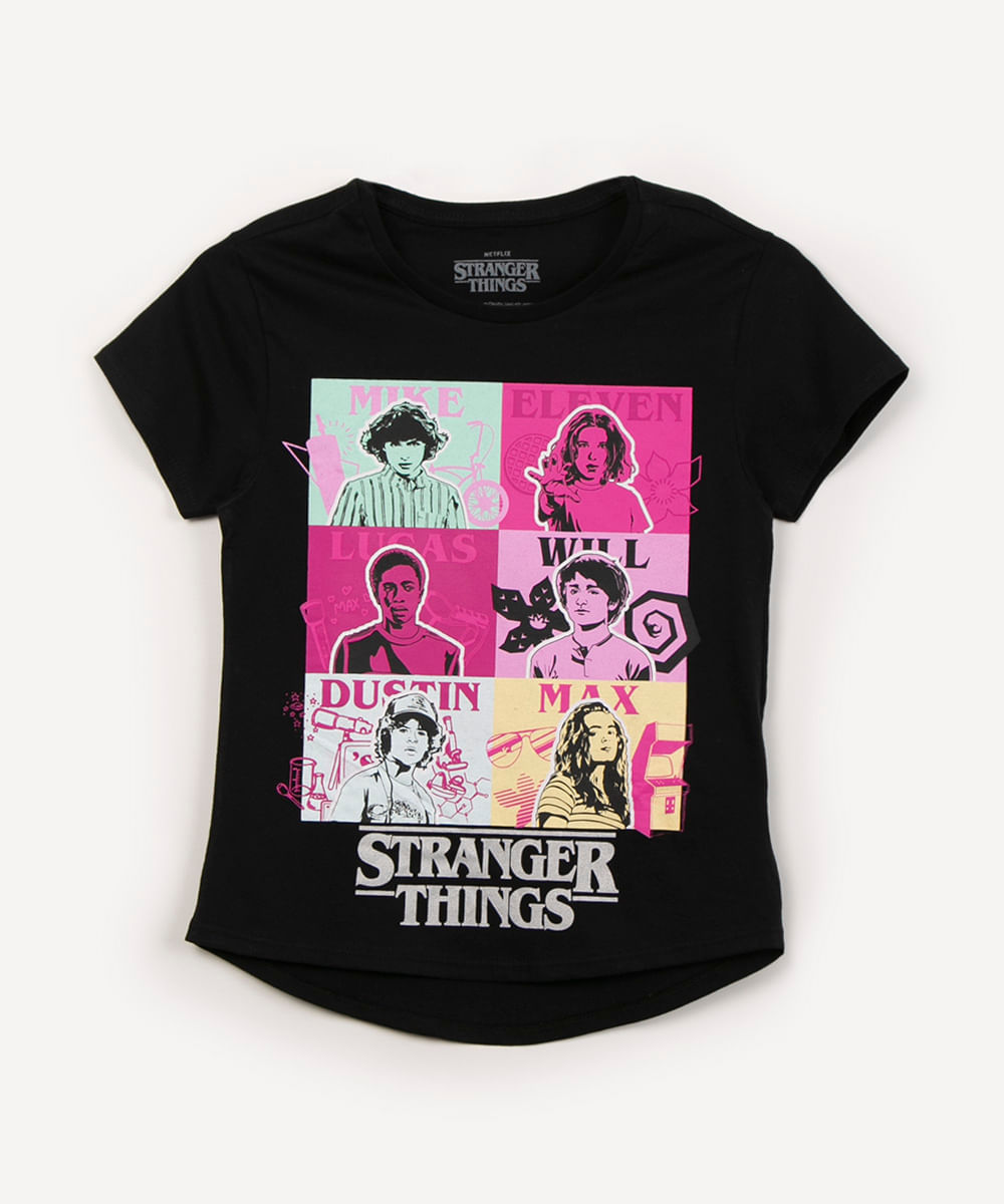 blusa juvenil de algodão stranger things preta