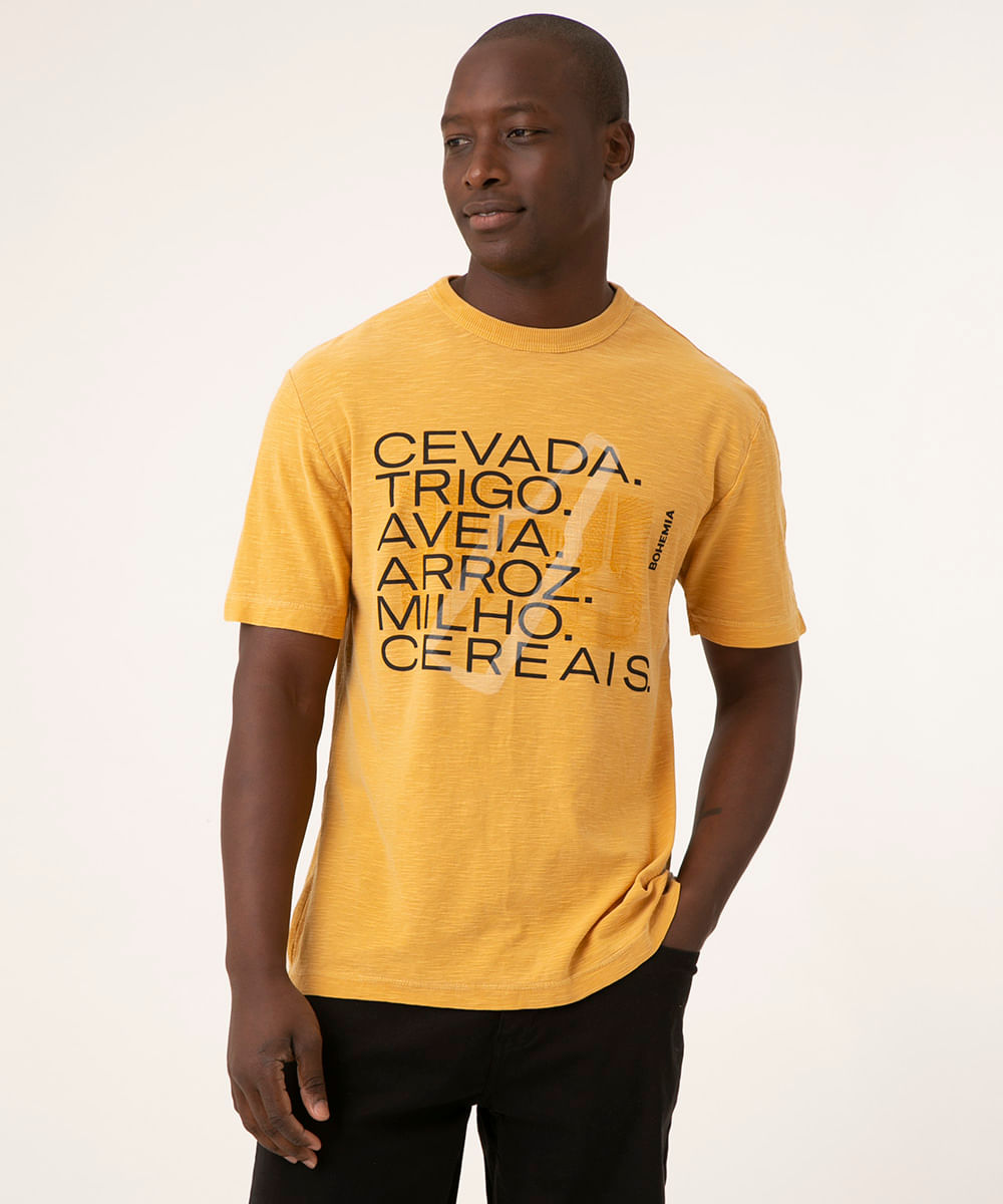 Camiseta de Algodão Bohemia "Cevada" Manga Curta Decote Careca Mostarda