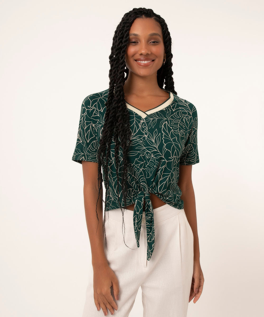 blusa decote v com amarração folhagem verde