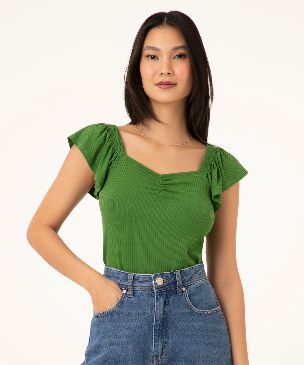 blusa decote franzido manga babado verde escuro