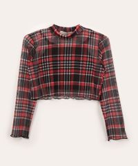 Blusa Juvenil Manga Longa de Tule Xadrez Multicor